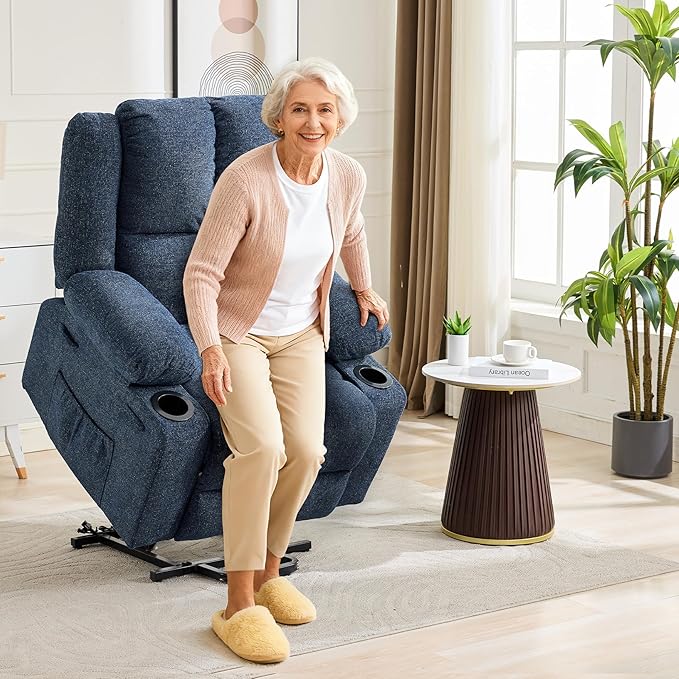 Oversized Power Lift Recliner Chair for Elderly 135° Lay Flat Electric Recliner with Massage &amp Heat Stand Assist Lift Chair with 2 Cup Holders for Living RoomBlue