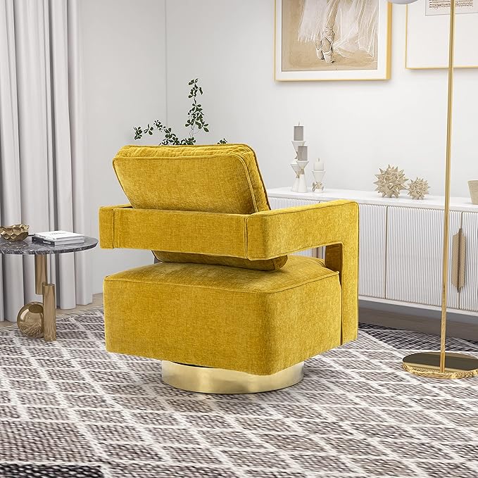 30.7 W Swivel Accent Open Back Chair Modern Comfy Sofa Chair with Gold Stainless Steel Base for Nursery Bedroom Living Room Hotel Office Club Chair Leisure Arm Chair for Lounge (Mustard Chenille)