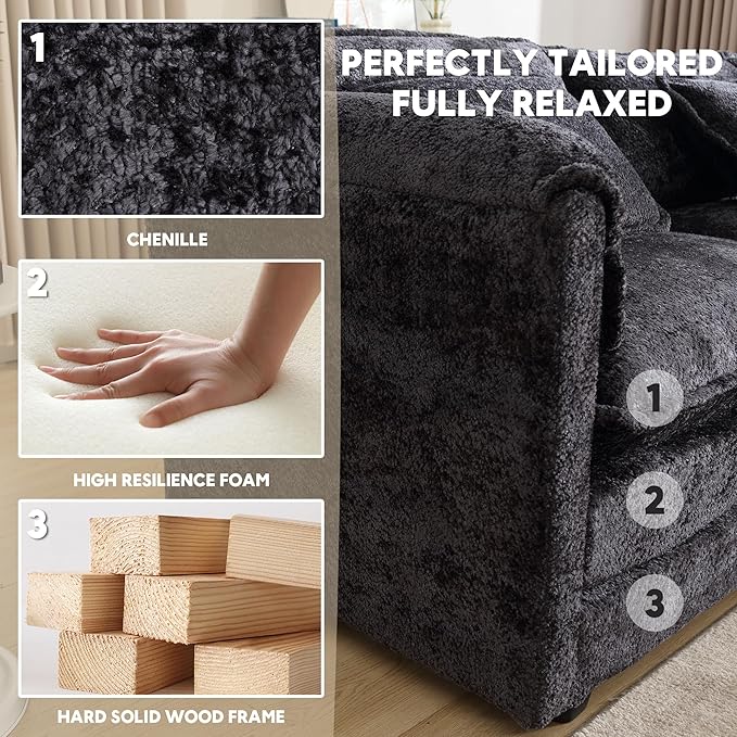Modern 112 L Shaped Sectional Sofa Cloud CouchChenille Comfy Boucle Modular Sleeper Sofa Upholstery Sofa with Ottoman &amp Memory Foam for Living Room Black