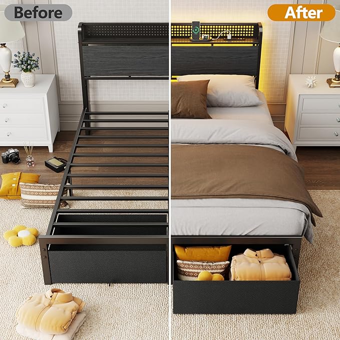 Furnulem Queen Bed Frame with Headboard Storage Platform Bed Frame Queen Size with Charging Station 2 Drawers &amp LED No Box Spring Needed Noise Free Easy Assembly Rustic Grey (1000 lbs Capaci