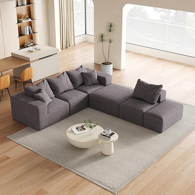 KEIKI 132 Boneless Sofa with Ottoman L Shaped Corner Couch Upholstered Corduroy Free Combination Sectional Couch for Living Room Bedroom Gray
