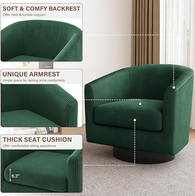 Lumibee Swivel Accent Barrel Chairs Set of 2 Upholstered Comfy Swivel Round Barrel Chair 360° Rotation Single Sofa Club Armchair for Living Room Reading Room Bedroom Corduroy Dark Green
