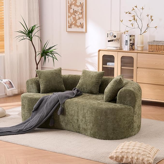 KEIKI 79 Curved Deep-Seat Sofa for Bedroom Lounge Modern Low-Back 3-Seater with Self-Inflating Foam No-Assembly Chenille Couch Ideal for Relaxing Reading and Cozy Corners