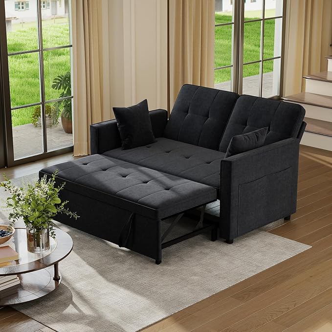 Pull Out Sofa Bed: 56 Black 3 in 1 Convertible Sleeper Sofa Bed Velvet Loveseat Sleeper Couch with Storage Comfy Futon Couch Beds for Living Room | Velvet