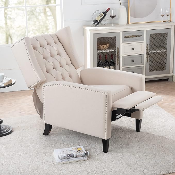 Push Back Recliner ChairEasy Chairs for Small SpacesComfy ArmchairReading Recliner Chairs for AdultsLiving Room Accent Chair Wingback and Rivets Design for Modern Recliner Chair(White)