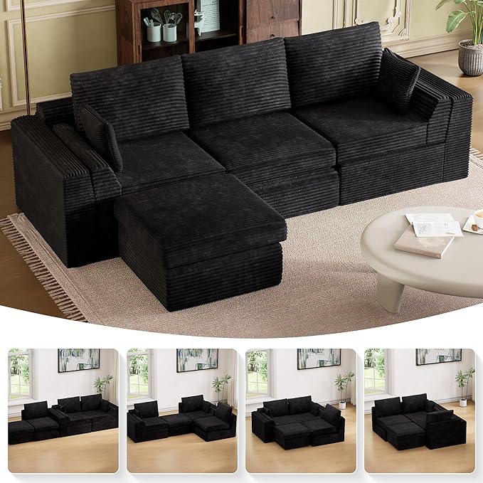 Vabches 106.6 Modular Sectional Sofa with Chaise Comfy Cloud Sectional Couch Modern L-Shape Corduroy Sofa with Deep Seat Upholstered Couches for Living Room BedroomNo Assembly Required (Black)