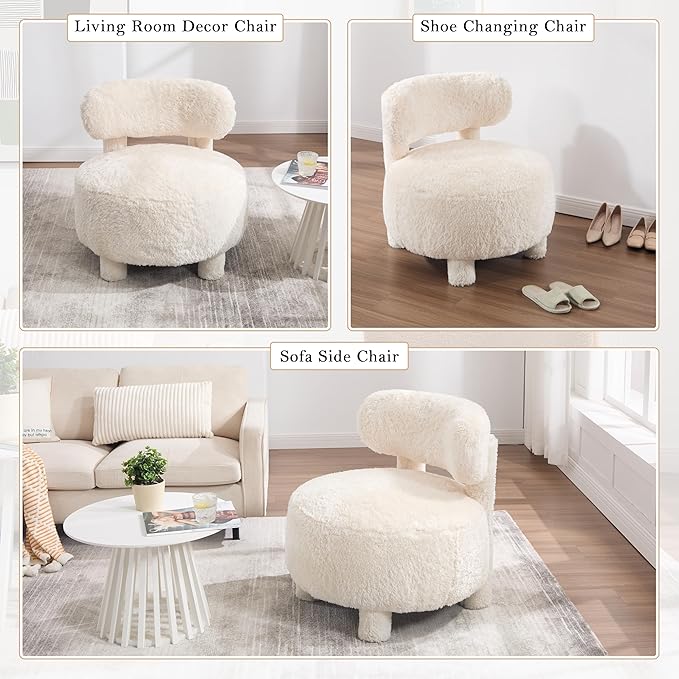 Upholstered Armless Chairs Modern Fur Accent Chair Cute Furry Chairs with Curved Backrest and Solid Wooden Legs for Living Room Bedroom Reading Room White