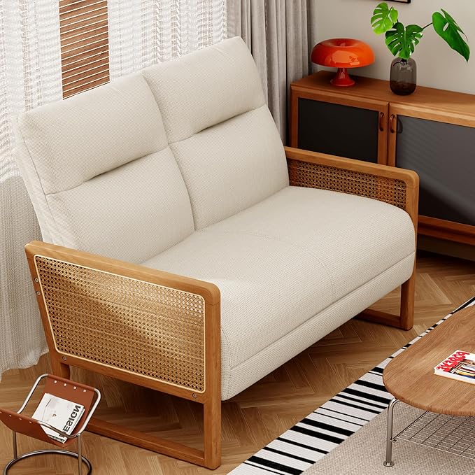 Alunaune Modern Loveseat Bench Couch with Natural Rattan Arm Upholstered Linen Small Love Seat Sofa 2-Seats Living Room Couch Settee Comfy Lounge Recliner Chair-Ivory