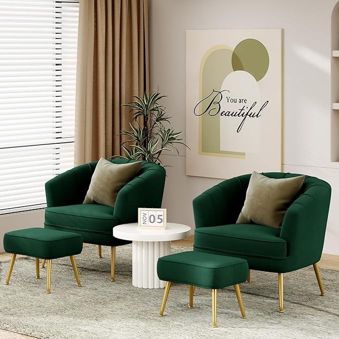Velvet Accent Chairs with Ottoman for Living Room Bedroom Office Leisure Upholstered Single Sofa Chair Arm Chair Comfy Chair Reading Club Coffee Chair with Metal Legs Green