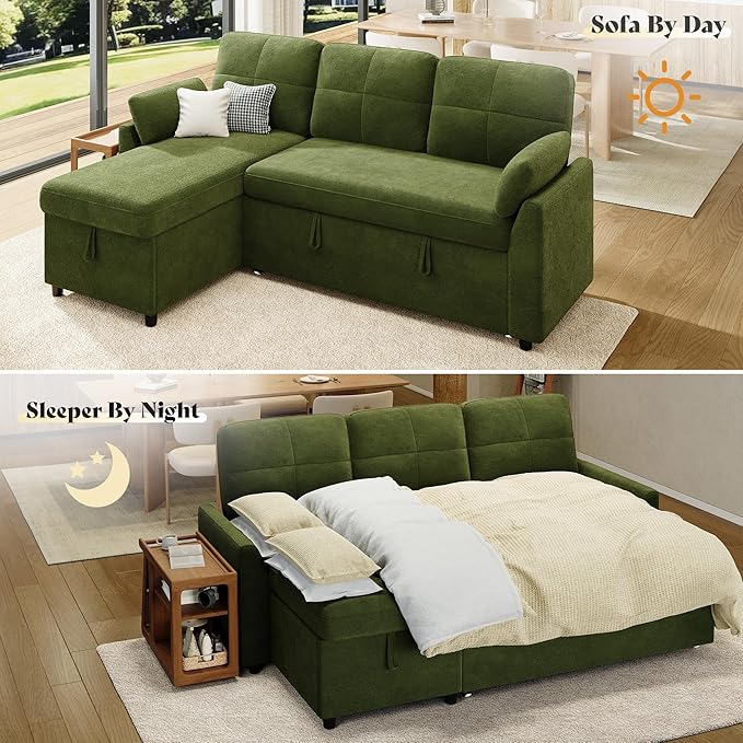 AMEILIFE Sofa Bed Sleeper Sofa with Storage Chaise Convertible Sofa Bed with Pull Out Couch l Shaped Couch for Living Room-Green Linen