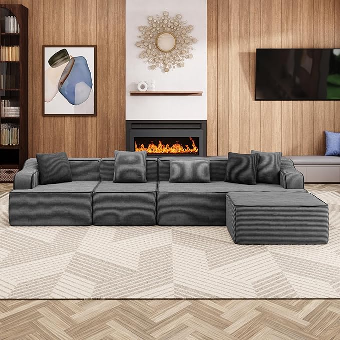 134 Cloud Boneless Sectional Couch with L-Shape Chaise Upholstered Corduroy Couch with Deep Seat No Assembly Required Compressed Sofa for Living Room Apartment Grey