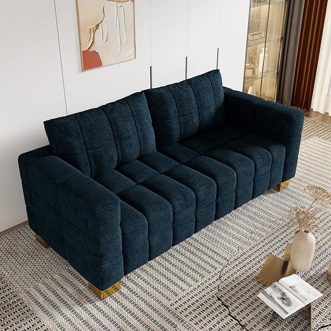 81.89 Sofa Comfy 3 Seat Sofa Tufted Chenille Upholstered Sofa Couch for Living Room with Gold Metal Legs and 2 Throw Pillows (Blue-N)