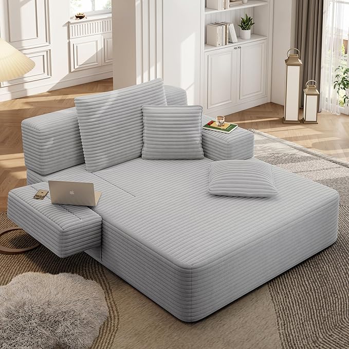 70W Oversized Chaise Lounge Chair Indoor with Adjustable Backrest &ampStorage 2 in 1 Convertible Sleeper Sofa Bed Compression Foam Boneless Couch for Living Room Bedroom Plush Corduroy Light Grey