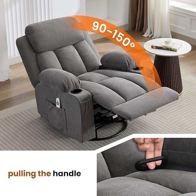 Swivel Rocker Recliner Chair with Vibration Massage and Heat for Living Roomwith Rocking Function and Side Pocket USB Charge Port2 Cup Holders