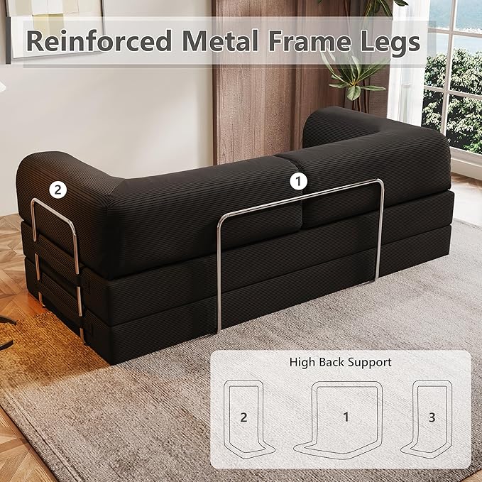 78.8 Folding Convertible Sofa Bed 4-in-1 Floor Sofa Modular Futon CouchPull Out Couch Memory Foam King Size Sofa BedNo Assembly Needed Boneless Couch for Living Room (Black)