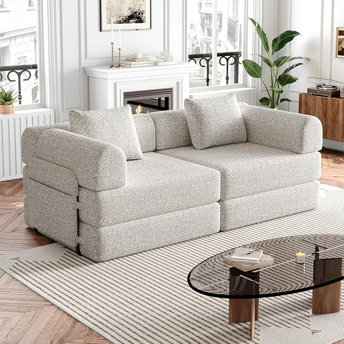 KINFFICT 72 inch Sectional Sleeper Sofa Modular Futon Folding Loveseat Floor Sofa Bed Convertible Comfy Chenille Memory Foam Couch Bed with Side Pockets for Guest Room Bedroom Living Room Beige