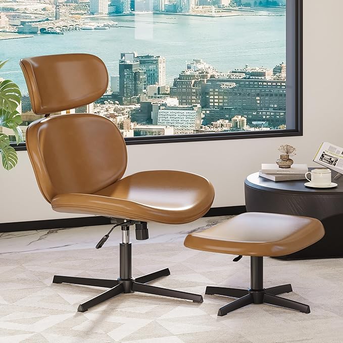 Bestier Swivel Modern Chair with Ottoman No Wheels PU Criss Cross Reading Chair with Extended Headrest &amp Adjustable Seat Modern Armless Ergonomic Chair for Living Room Brown