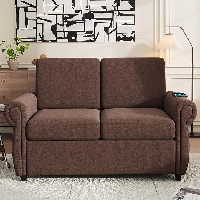 Pull Out Sofa Bed with Twin Size Memory Mattress 57.9 Linen Loveseat Sofa Sleeper Bed 2-in-1 Sleeper Sofa Bed Convertible Sofa for Living Room Small Spaces (Brown 072)