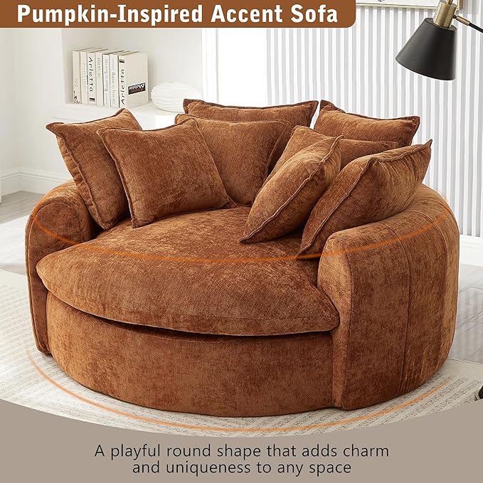 Merax 59.8 Full-Compressed Round Chaise Sofa Boneless Loaf Style Chenille Upholstered Sofa Bed with 8 Throw Pillows for Living Room Orange
