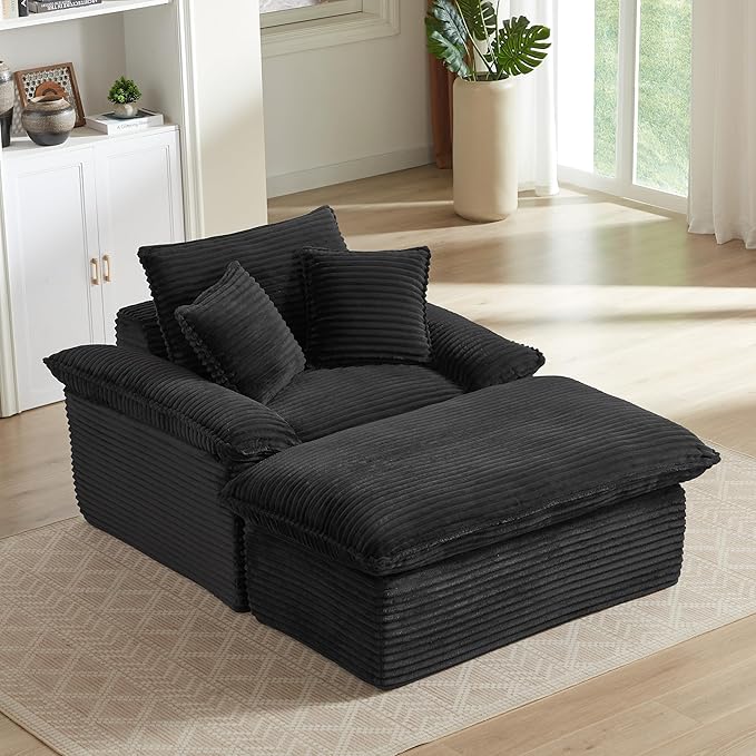 Oversized Chaise Lounge Chair Boneless Sofa Couch Upholstered Lounge Sofa Chair with Ottoman Indoor Corduroy Deep Seat Sleeper Chair for Living Room No Assembly Required Black