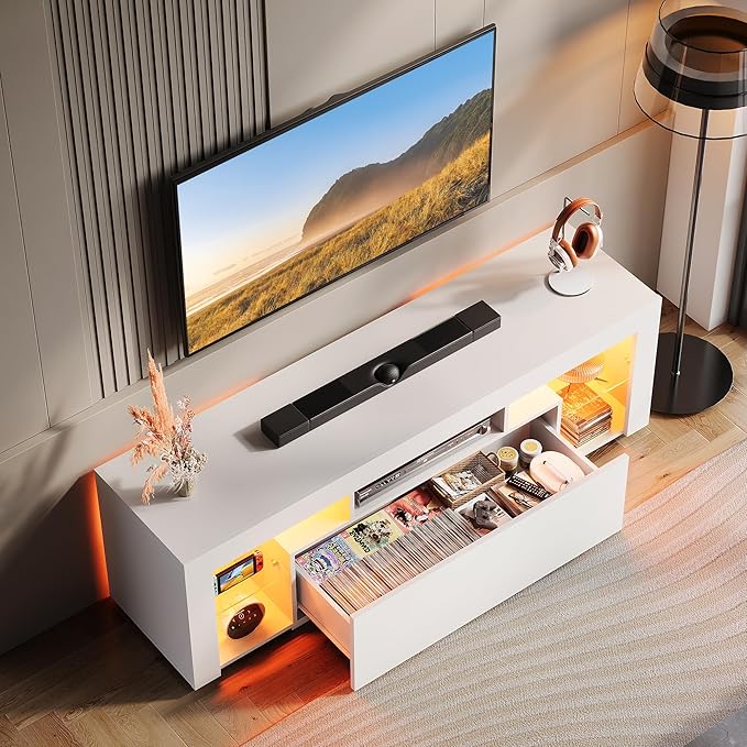 WLIVE TV Stand with LED Lights &amp 2 Large Storage Drawers Modern Entertainment Center for 32/43/50/55/60 Inchs TVs Sturdy TV Console for Living Room Bedroom(White)