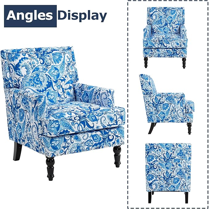 Accent Chair Modern Comfy Mid-Century Anthropologie Accent Chairs Linen Upholstered Wingback Lounge Arm Chair with Solid WoodSingle Floral Pattern Chair for Living Room/Balcony/Bedroom