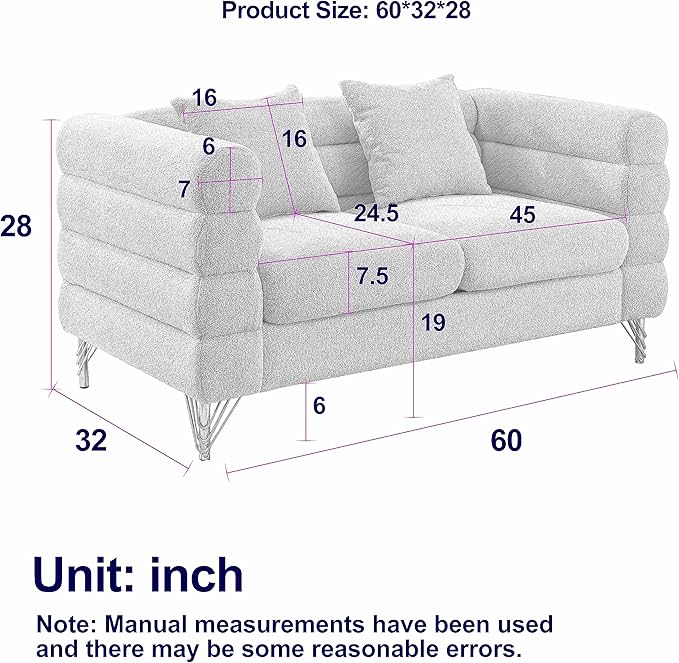 60 W Teddy White Loveseat Sofa Couch with Firm Strcuture &amp Thicken Sponge Comfy Love Seat Couches Sleeper for Living Room Bedroom Small Spaces Mid-Century Modern Furniture