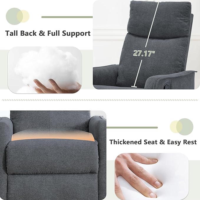 cinkehome Swivel Rocker Recliner Glider Rocker Recliner Chair for Nursery Manual Reclining Chair with Heated Massage Small Spaces Living Room Linen Dark Grey
