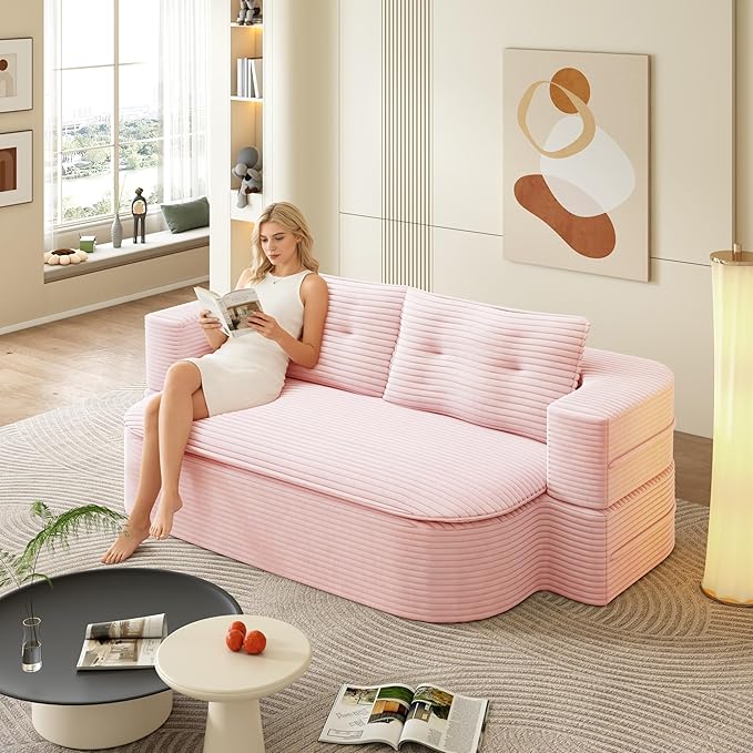 78.7 Floor Foam Sleeper Sofa Bed Folding Futon Couch Bed Corduroy Compression Loveseat Sofa Foldable Full Size Couch with 2 Pillows for Living Room Bedroom ApartmentPink