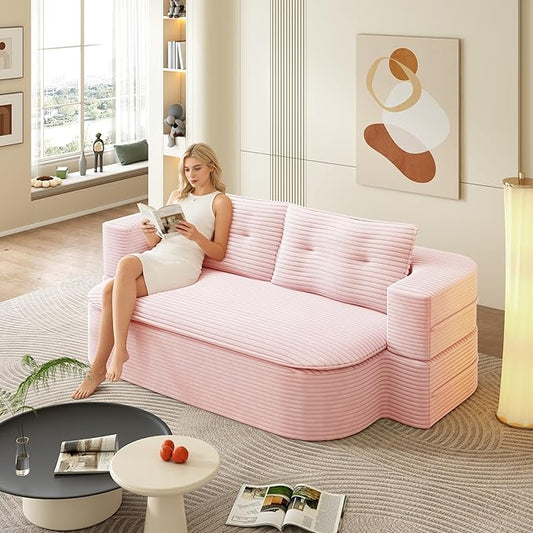 78.7 Floor Foam Sleeper Sofa Bed Folding Futon Couch Bed Corduroy Compression Loveseat Sofa Foldable Full Size Couch with 2 Pillows for Living Room Bedroom ApartmentPink