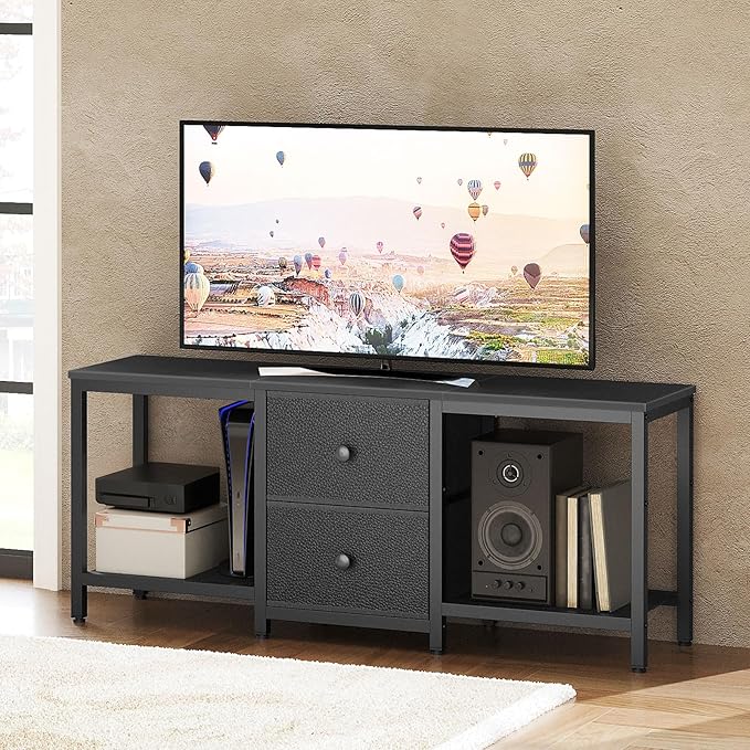 TV Stand for TVs up to 55 Entertainment Center with 2 Fabric Drawer Media Console with Shelves Television Stands for Living Room Bedroom Black DS02BB