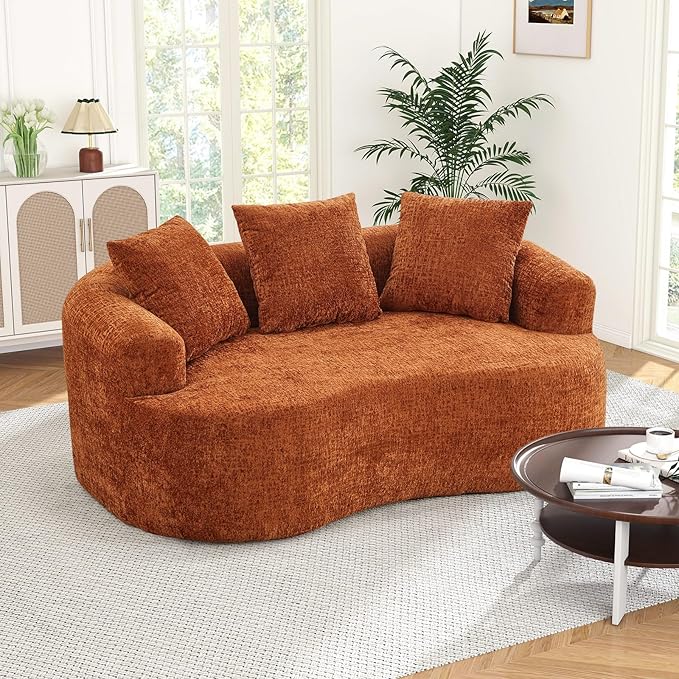 60 Curved Sectional Sofa for Small Spaces - Plush Chenille Modern Cloud Loveseat with Pocket Springs &amp Memory Foam Boneless Floor Couch for Living Room 27.6 Extra Deep Seat No Assembly (Orang