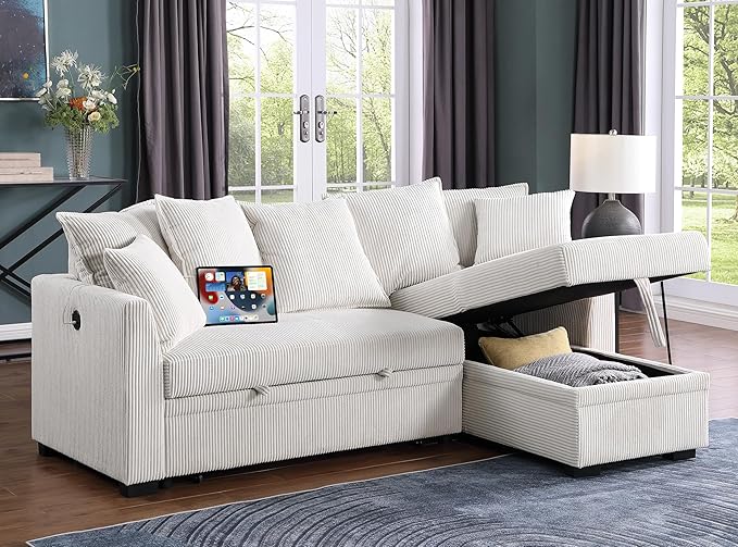 Modern Living Room Corner Convertible Sofabed Corduroy Upholstered Reversible Sleeper Sectional Sofa with 7 Pillow and USB Ports L-Shaped Pull Out Sleep Couch Bed W/Reversible Storage Chaise Daybed