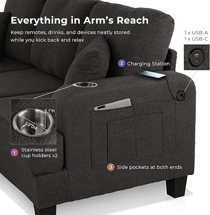 Homes: Inside + Out Reese Modern Plush Boucle Couch with Side Pockets Cup Holders and USB Ports Wooden Comfortable Sofa for Living Room Bedroom and Office Beige