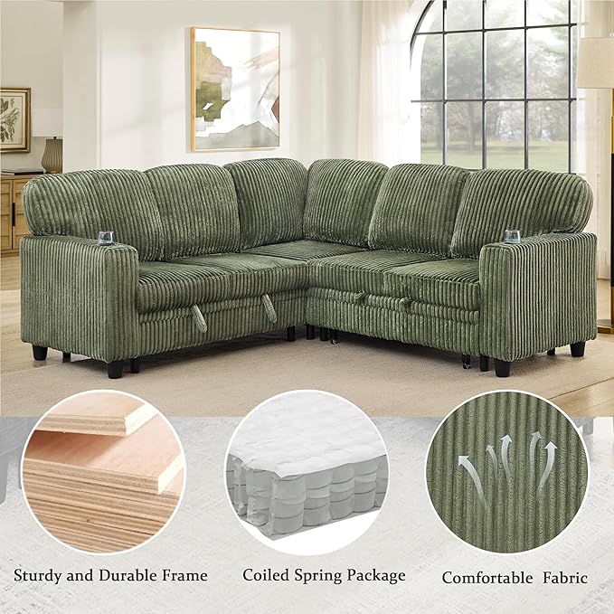 81 Convertible L Shaped Sleeper Sofa Couch with Pull Out Sofa Bed Sleeper Bed with Oversized Storage USB Ports &amp Cup Holder Sectional Couches for Living Room Green Corduroy