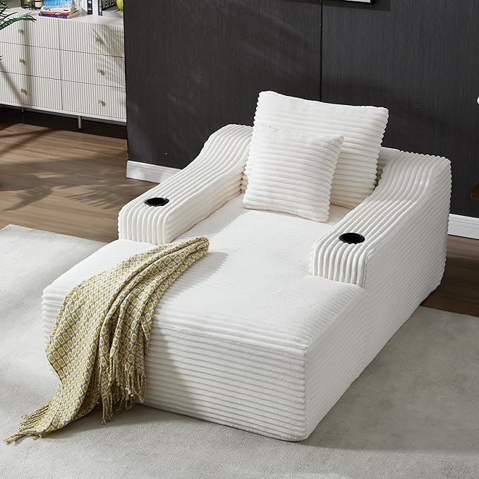 Boneless CouchComfy Fluffy Sofa BedUpholstered Sleeper Sofa Couch with Throw Pillows and ArmrestsCorduroy Plush Cloud Couches with Cup Holder White