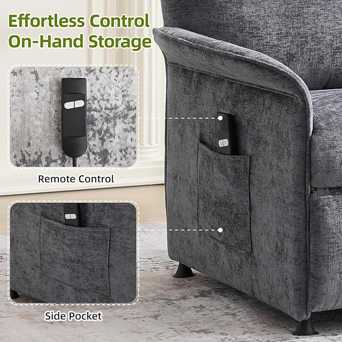Power Recliner Chair with Remote Control 21 Wide Seat Small Recliners with Side Pocket for Adults Thick Cushions Chair for Living Room &amp Bedroom Light Grey