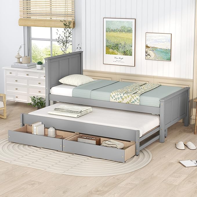 Merax Classic Solid Wooden Bed Farme with Trundle Bed and Drawers Storage Sofa Bed for Living Room Bedroom Guest Room Space SavingGray