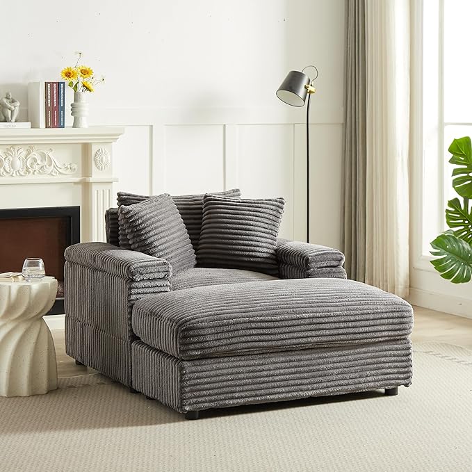 Oversized Corduroy Sleeper SofaComfy Thicked Upholstered Padded Chaise Longue with OttomanSoild Wood Reclining Chair DaybedDeep Seat Convertible Couch Bed for Living Room Office