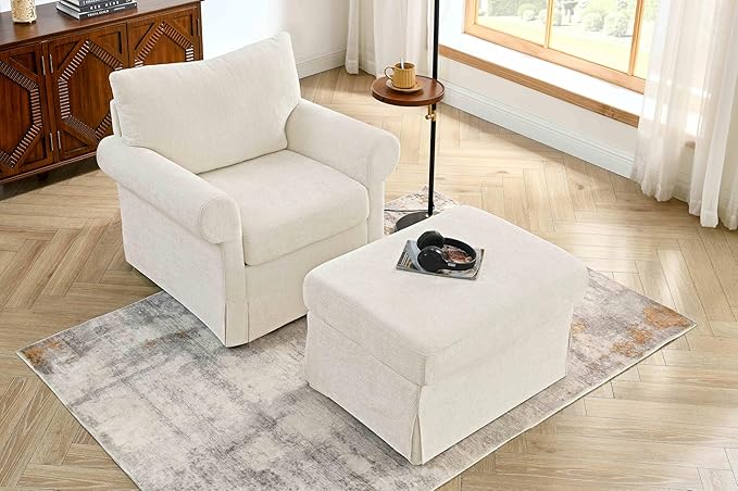 Living Room Chairs with Ottoman Small Accent Chair for Bedroom Single Sofa Couch with Chenille Fabric for Apartment and Small Places (Beige)