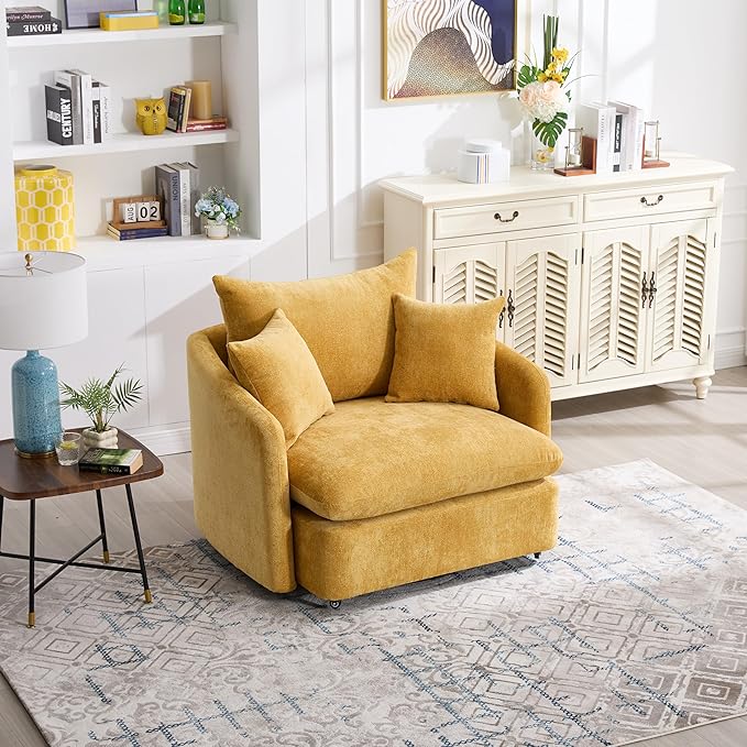 360 Degree Swivel Accent Chair Oversized 37.8 inch Extra Wide Barrel Swivel Chairs with Deep Seat for Living Room Club Reading Bedrooms Yellow