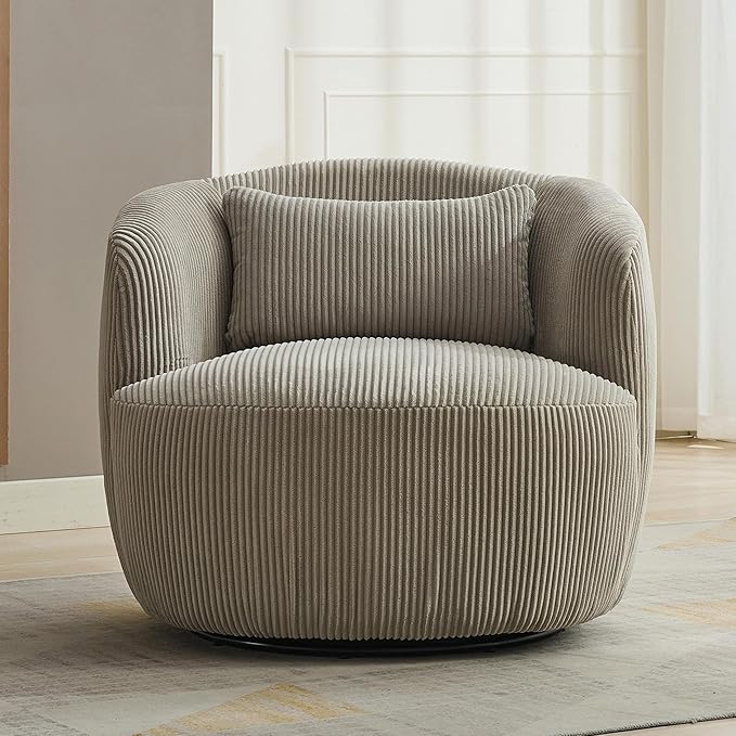 34.25 Swivel Barrel Chair Round Accent Barrel Chair Modern Wide Armchair Upholstered Corduroy Lounge Comfortable Sitting Single Seat Rotating Base for Living Room Office Chair Light Gray