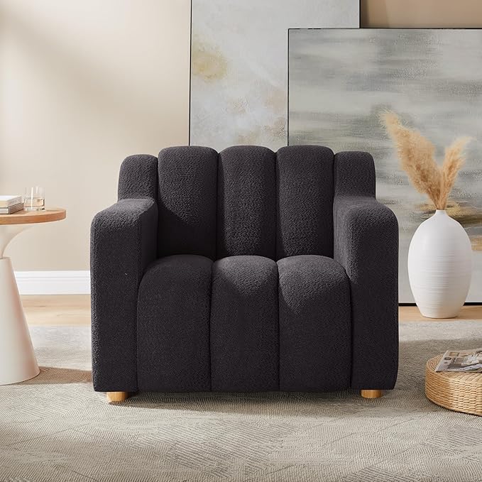Modern Oversized Living Room Chairs 40 Wide Boucle Accent Chairs with Deep Seat and Wooden Legs Comfy Reading Arm Chair for Bedroom Apartment Dark Grey