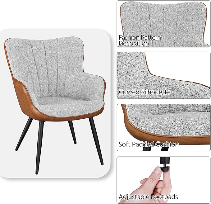 Topeakmart Modern Accent Chair Faux Leather Armchair with Boucle Fabric High Back and Mental Legs for Living Room Bedroom Gray/Retro Brown