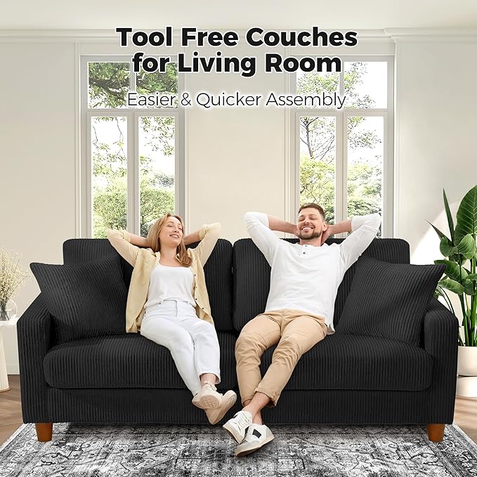 Kidirect 70in U Shaped Couch Modular Sofa No Tool Assembly Comfy Sectional Couches for Living Room 21in Deeper Seats Corduroy Sofas for Living Room with 2 Pillows Loveseat Sofa Set Black Couch |