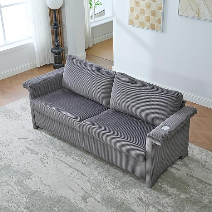 Full Size Sleeper Sofa Bed Pull Out Couch with Queen Size Memory Foam Mattress 2-in-1 Convertible Corduroy Loveseat Sleeper for Small Apartment USB Charging (Gray)