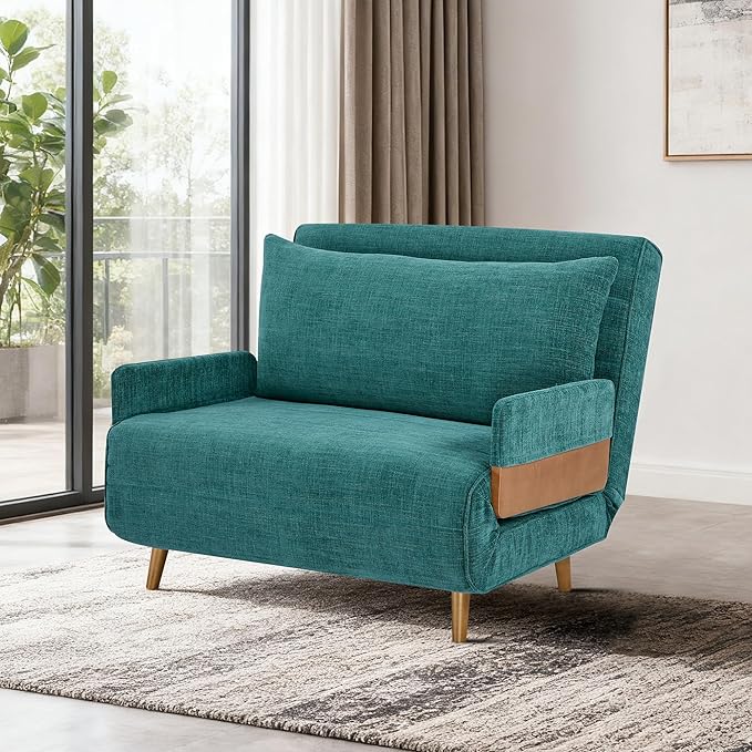 3-in-1 Convertible Sofa Bed Futon Loveseat Couch with Pillow Adjustable Backrest and Removable Armrests Recliner Sleeper Sofa for Small Spaces Living Room Bedroom or Office Peacock Blue