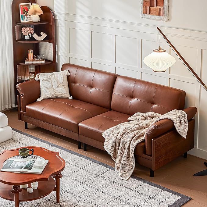 90 Inch Mid Century Modern Brown Leather Sofa Vintage Luxury 4-Seater Large Waxed Leather Sectional Couch with Solid Wood Exterior and Hand-Tufted for Living Room and Office