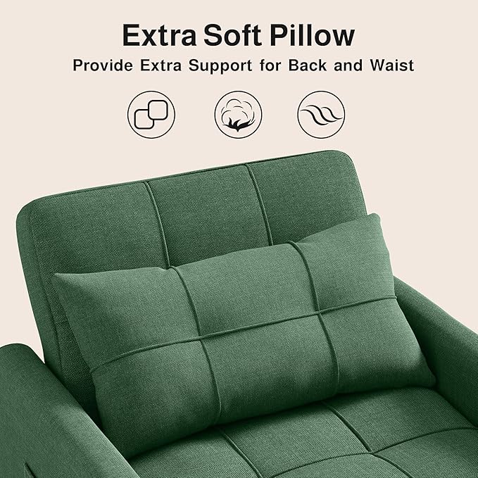 Ahomly Convertible Sleeper Chair Sofa Bed with 3-in-1 Design Adjustable Backrest and Storage Pocket for Living Room Green