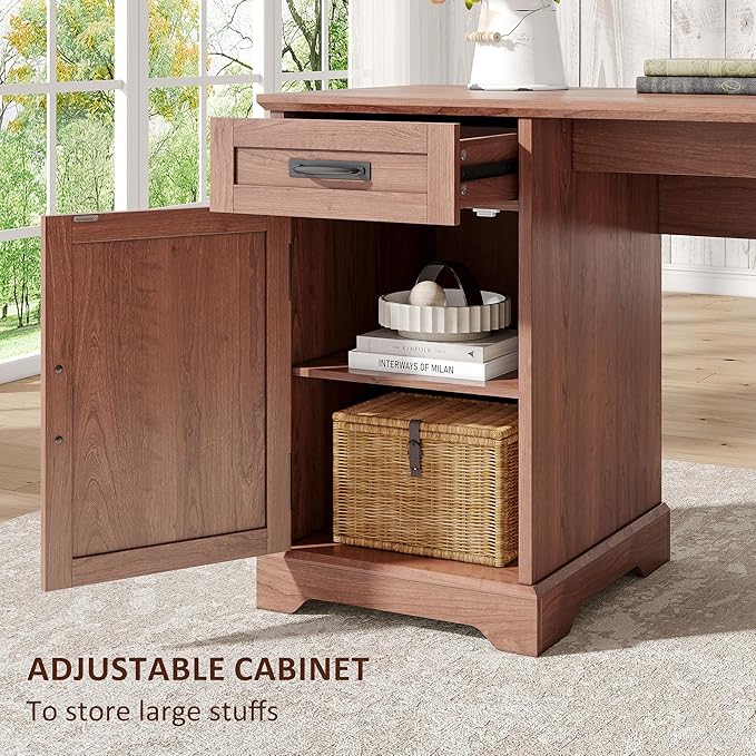 Whalefall Farmhouse L Shaped Desk with Drawers 67 Inch Executive Home Office Desk with File Cabinet Computer Corner Desk with Charging Station Cherry Brown